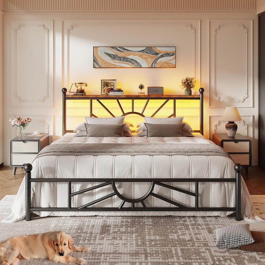 Marco de cama de metal Queen con cabecero y pie de cama, marco de cama tamaño Queen con luz LED, base de colchón con almacenamiento debajo de la cama/No se necesita somier/Sin ruido/Fácil montaje, Negro