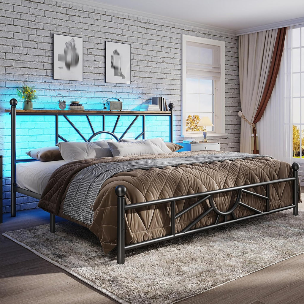 Marco de cama de metal Queen con cabecero y pie de cama, marco de cama tamaño Queen con luz LED, base de colchón con almacenamiento debajo de la cama/No se necesita somier/Sin ruido/Fácil montaje, Negro